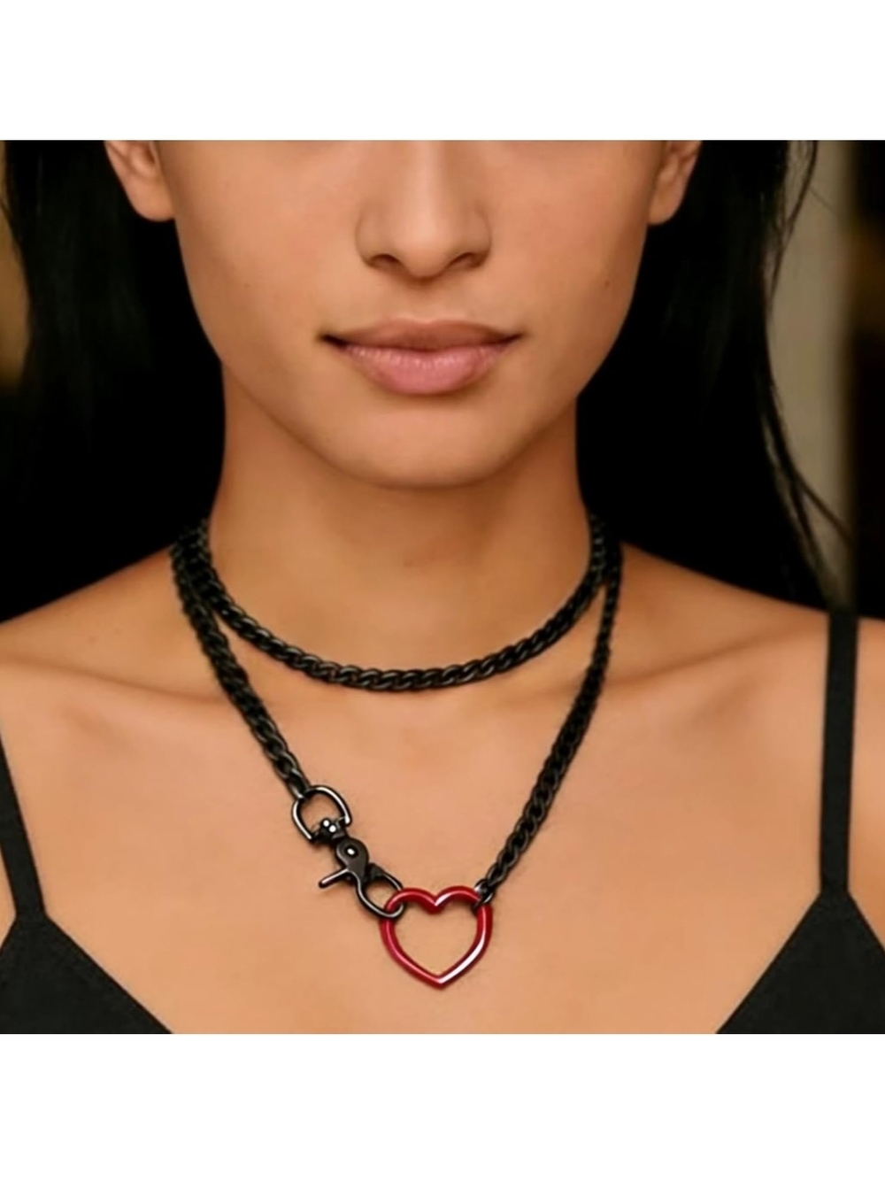 Women’s Black Chain Necklace with Red Heart Pendant